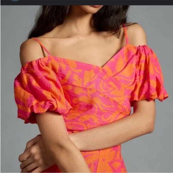 Anthropologie Ranna Gill Off-Shoulder Pink & Orange Wide-Leg Jumpsuit S 4-6 - Picture 2 of 10